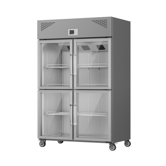 Four Glass Door Stainless Upright Chiller / Freezer – 1150L–1285L, Premium Visibility & Storage Combo