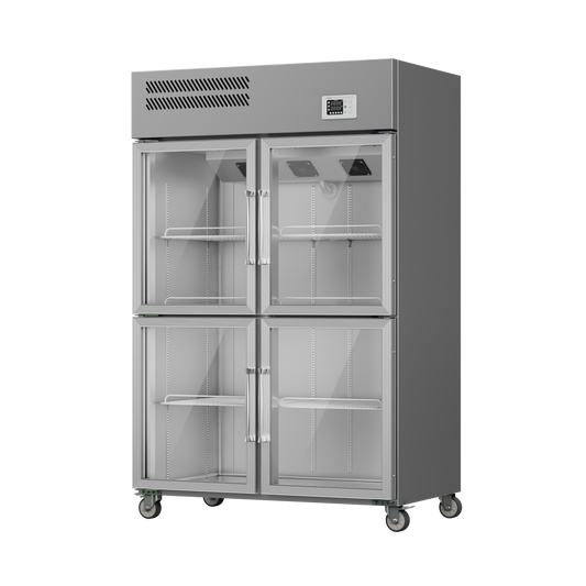 Four Glass Door Stainless Upright Chiller / Freezer – 1150L–1285L, Premium Visibility & Storage Combo